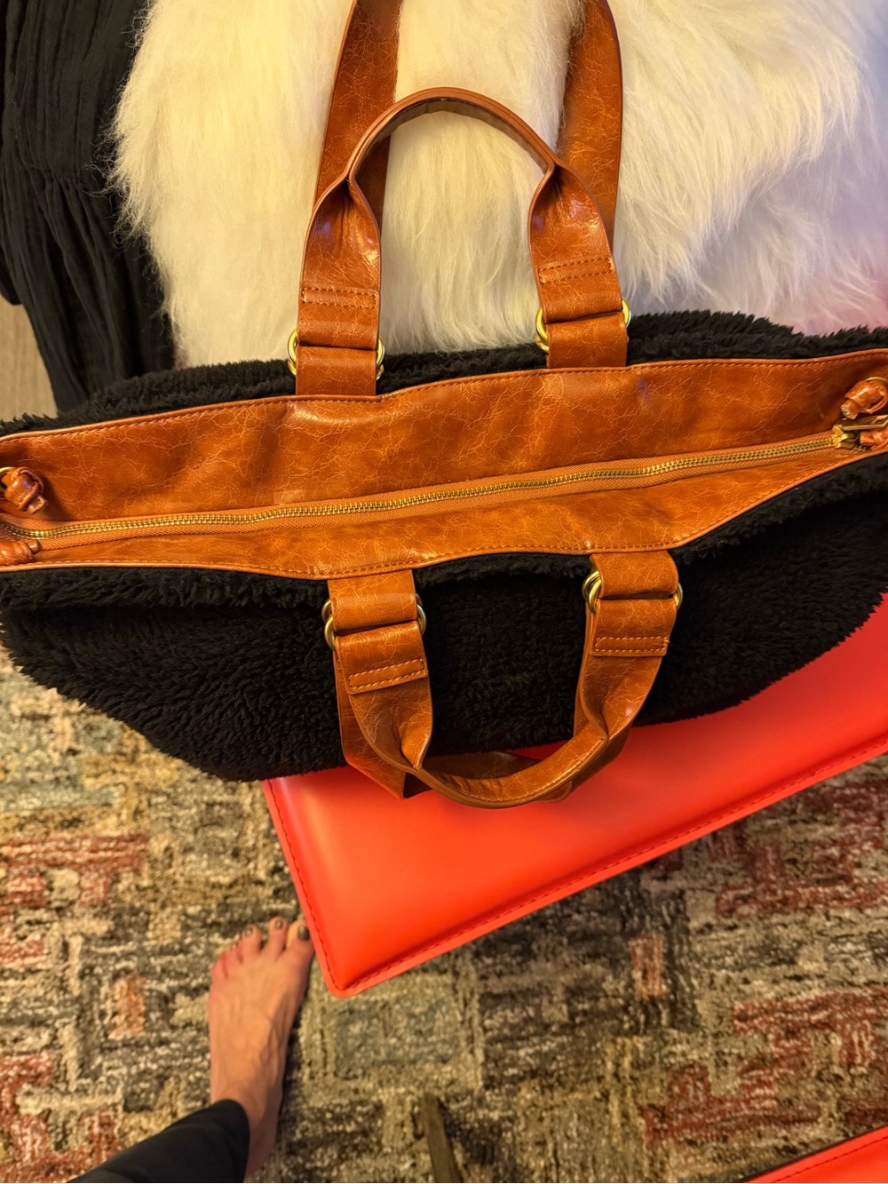 Black Sherpa Tote Bag with Brown faux Leather Straps - Picture 2 of 9